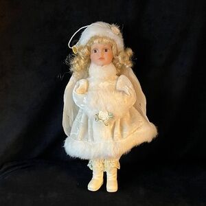 Holiday Blonde Porcelain Angel Doll White Coat & Hat with muff Christmas 11-12”